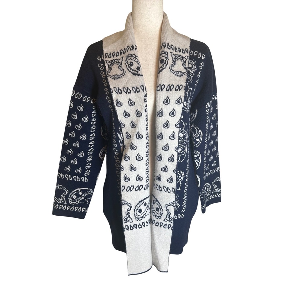 Tahari Cardigan Sweater Women Medium Blue Bandana Print Long Sleeve Open Front